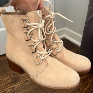 Gently used cream suede Sorel Cate Lace Up Booties, size 8.5